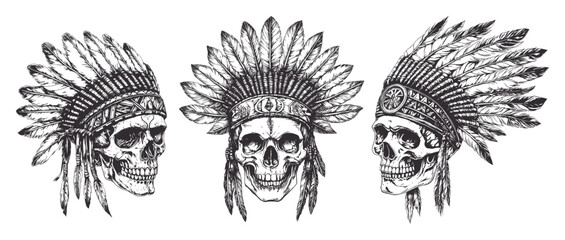 Obraz premium Indian chief skull sketches. Dead indians warrior head in native american traditional headdress with feathers, tribal skeleton vintage tattoo drawing set vector illustration
