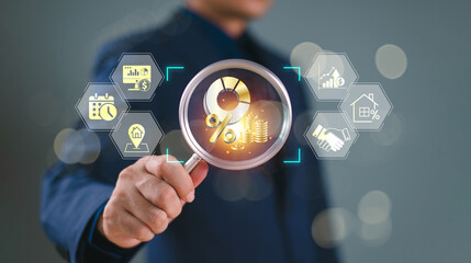 Mutual fund investment concept. Businessman use magnifying glass search fund icon on virtual screen. Equity capital value risk management. Pension return plan in stock market, private money financial