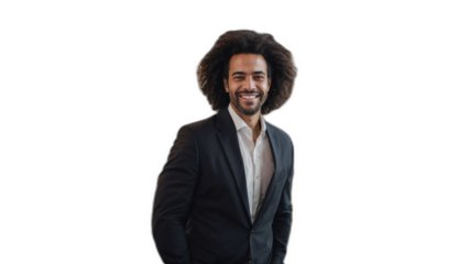 不動産業界のCEOが透明な背景で示す、リーダーシップと幸せな笑顔の一瞬。生成AI