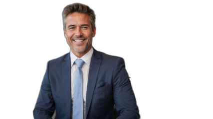 不動産CEOが透明な背景に見せる、リーダーとしての成功と自信。生成AI