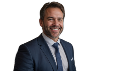 マーケティング企業のリーダーが透明な背景で笑顔を見せる、成功の瞬間。生成AI