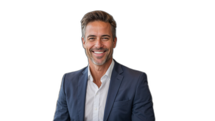 マーケティング企業のCEOが透明な背景に笑顔で示す、リーダーシップと成功。生成AI