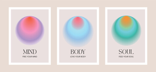 Spiritual poster set: mind, body, soul harmony. Round aura gradient and positive, inspirational quotes. Personal growth and self-love prints.