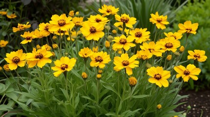 Fototapeta premium Bright yellow flowers bloom abundantly in a lush garden during the early summer season, creating a vibrant and cheerful atmosphere