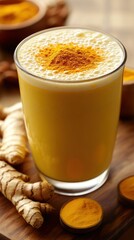A glass of golden milk with turmeric powder sprinkled on top, surrounded by turmeric root and powder.