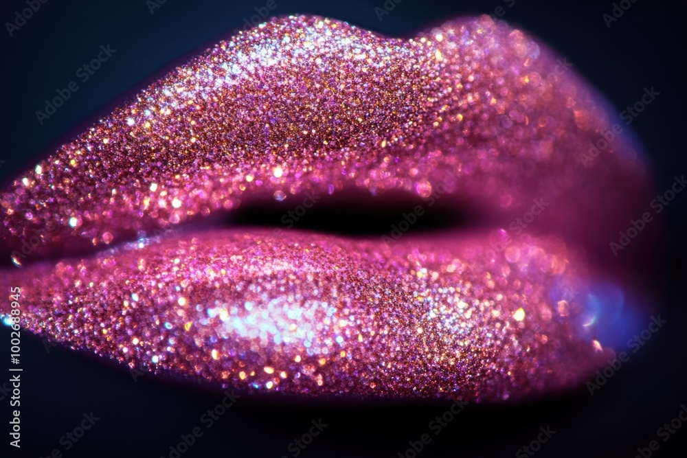 Poster close-up of vibrant and glossy lips showcasing a shiny, sparkling finish against a dark background, 