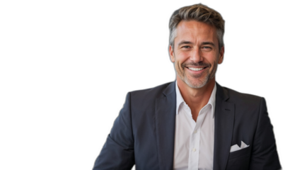 マーケティングCEOが透明な背景に見せる、成功と自信に満ちた笑顔。生成AI