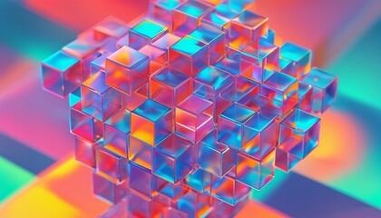 3D Abstract cluster of transparent cubes, suspended in mid-motion, reflecting colorful gradients of light. Made with generative AI technology