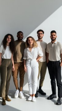 Group of five diverse young adults standing in casual clothing with bright light. Represents unity, diversity, and modern friendship.