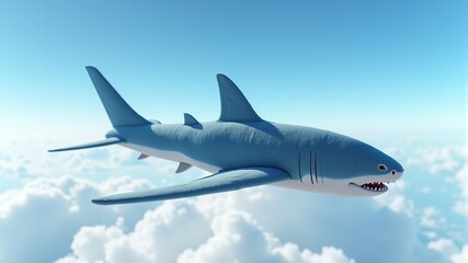 Fototapeta premium A large blue shark, similar to an airplane, flies in the sky with clouds