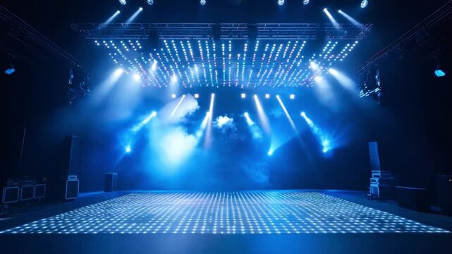 A vibrant stage setup with blue lighting and fog effect, ideal for concerts or performances in an indoor venue at night