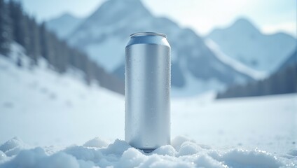 a can of soda is in the snow in front of some mountains.