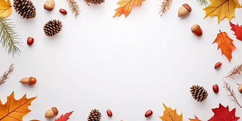 Fall themed background with leaves, pine cones, and acorns with copy space made white paper