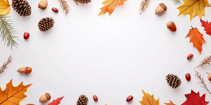 Fall themed background with leaves, pine cones, and acorns with copy space made white paper
