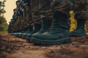 Close-up of black combat boots in military formation, camouflage uniforms, outdoor setting