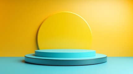 Podium on Blue and Yellow Background, 3D Render Minimalist Display Design for Product Showcases