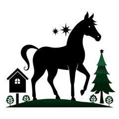 Christmas Cottage Farm Horse Black silhouette