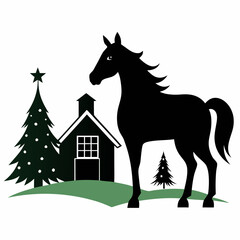 Christmas Cottage Farm Horse Black silhouette