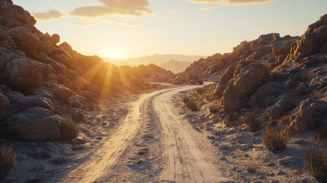 A winding desert road through rocky terrain, ultra detailed