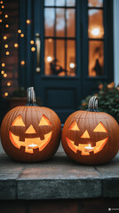 Fototapeta premium Halloween themed background featuring Jack-o-Lanterns with copy space