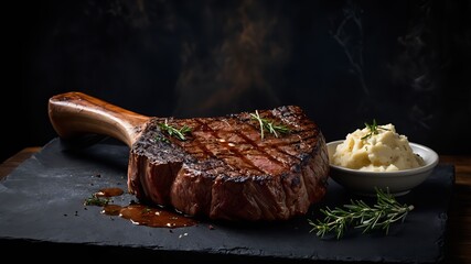 Tomahawk Steak: A large tomahawk steak grilled to perfection, served with a side of mashed potatoes. Dark, moody lighting with a stone background for a hearty, masculine vibe