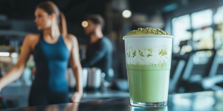 A glass of green matcha latte with white foam on top sits on a counter in a gym, with blurred figures of a man and a woman in the background.