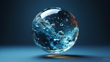 3D Abstract floating crystalline oval casting shadows on a flat deep blue background. Made with generative AI technology