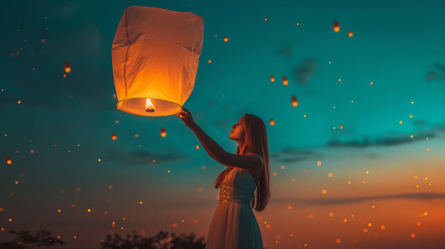 Young woman releasing a sky lantern into the night sky