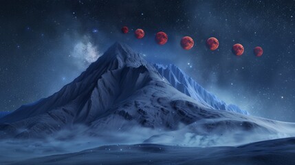 a towering mountain beneath an immaculate starry sky, five moons aligned above the mountain 