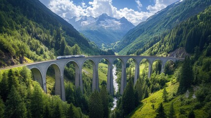 Viaduct in Switzerland: Landwasser Viaduct with Glacier Express in Alpine Landscape