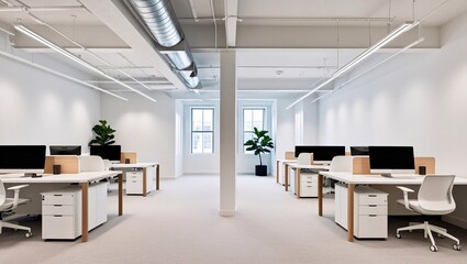 Modern Minimalist Office with Open Layout Sleek Design, White Desks, Natural Light, and Green Accents for a Clean and Functional Workspace