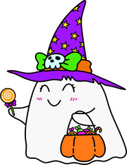 cute halloween witch groovy ghost cartoon illustration