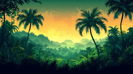 Sunset view of tropical rainforest with palm trees