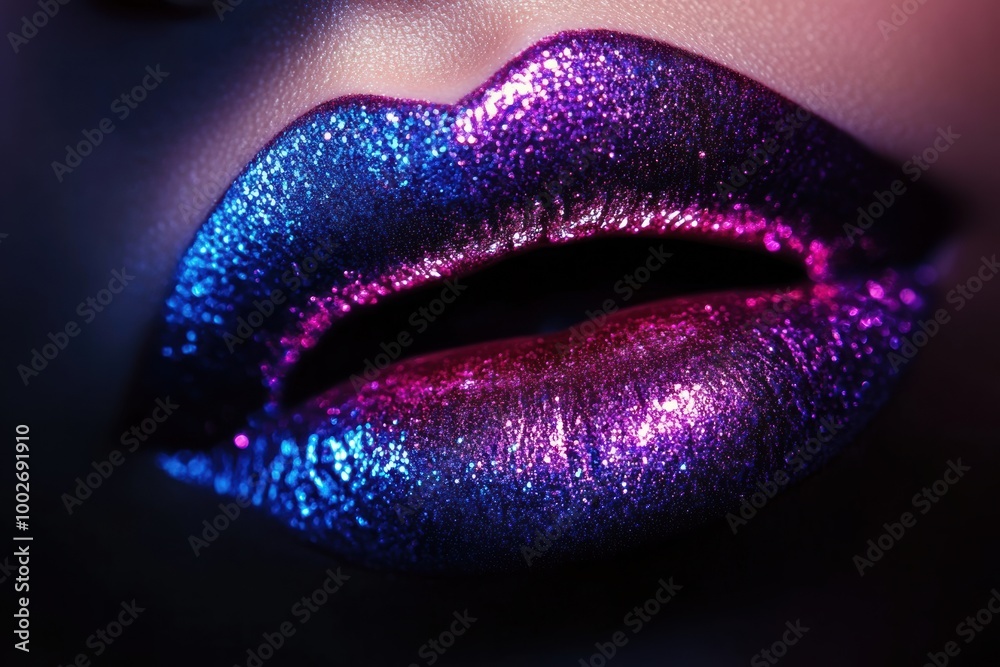 Poster close-up of glossy lips with a lively, shimmering finish in a dark setting. generative ai