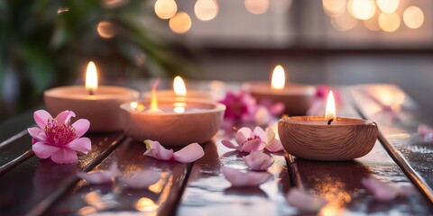 Five candles on a wooden table with pink petals create a peaceful atmosphere under soft bokeh lights.