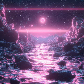 spacescape art: Asteroid Field in a Synthwave Style: A Spacescape Art Piece