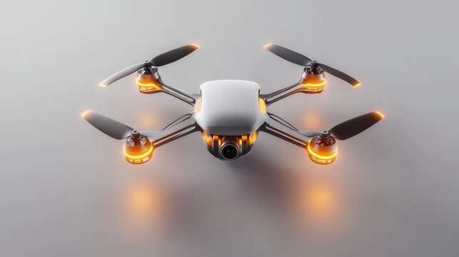 A compact drone with glowing lights hovering on a gray background, emphasizing tech and innovation