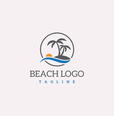 Sunset Beach with palm tree vector illustration logo,
