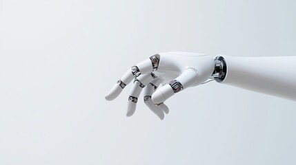 A futuristic robot hand reaching out against a white background, symbolizing AI, robotics, and automation. Minimalist and tech-forward.