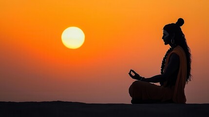 Shiva meditating at dawn, with the sun rising behind him, symbolizing the birth of new consciousness, Shiva, meditation, sunrise