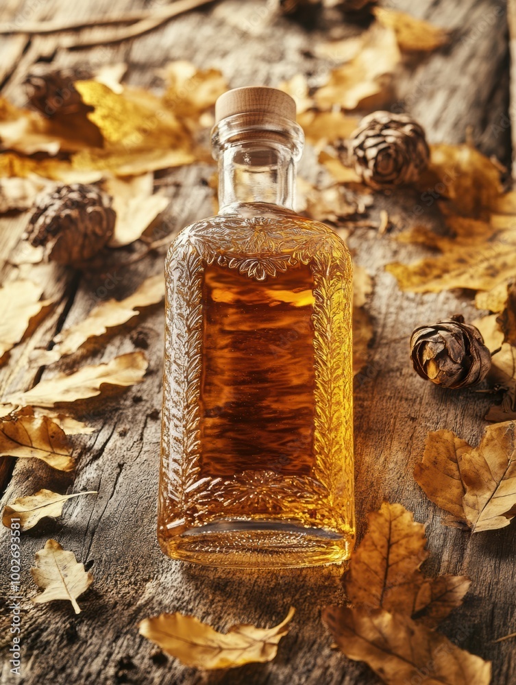 Poster Close-up view of a whiskey bottle surrounded by autumn leaves and pine cones on a rustic wooden surface. Generative AI