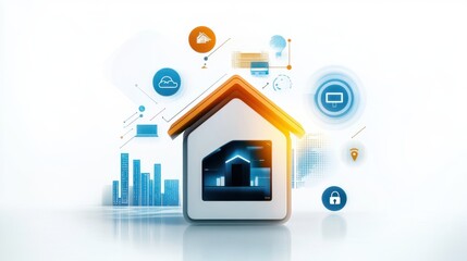 Fototapeta premium A smart home hub device surrounded by icons representing connectivity and automation, set against a white background. Emphasizing modern living and tech.