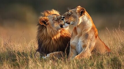 Close-up of a lion and lioness showing affection in the wild