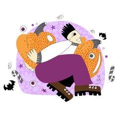Vector stylization in flat or doodle style on the theme of Halloween. A guy carries a pumpkin.
