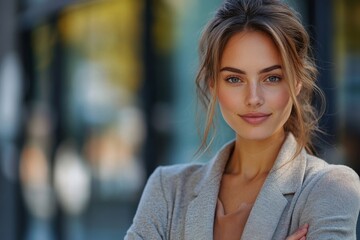 Fototapeta premium Close-up portrait of a young businesswoman standing outside an office building with her arms crossed over her chest. Confidently and smilingly looking, Generative AI