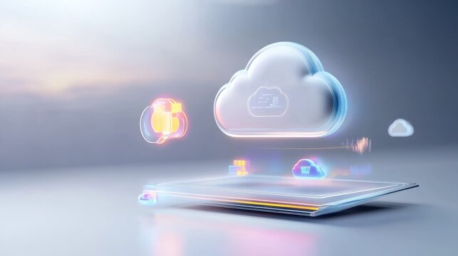 Abstract floating tech icons, representing cloud computing and data storage, set against a gray background