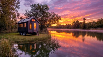 Obraz premium A cute model of a tiny house on wheels parked next to a tranquil lake, surrounded by trees and a vibrant sunset sky