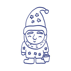 Little gnome. Hand drawn garden gnome sketch. Vector illustration. Cute dwarf characters with bucket
