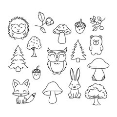 Forest animals in doodle style. Vector illustration, on a white background
