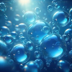 透明な青い水の泡が浮かぶ構図で、エーテル的な背景が軽やかさと爽やかさを感じさせ、泡の透明感を引き立てる光と反射が特徴。

